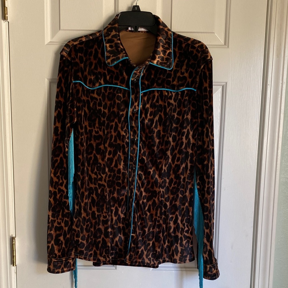 Leopard Print Women's Top with Blue Accents